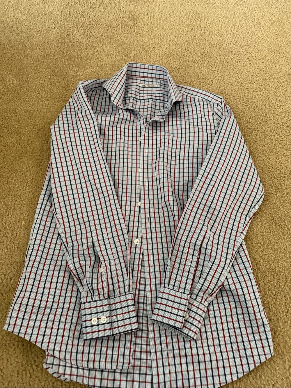 thomas mason Men's Light Blue Checked Dress Shirt with Red and Navy Windowpane